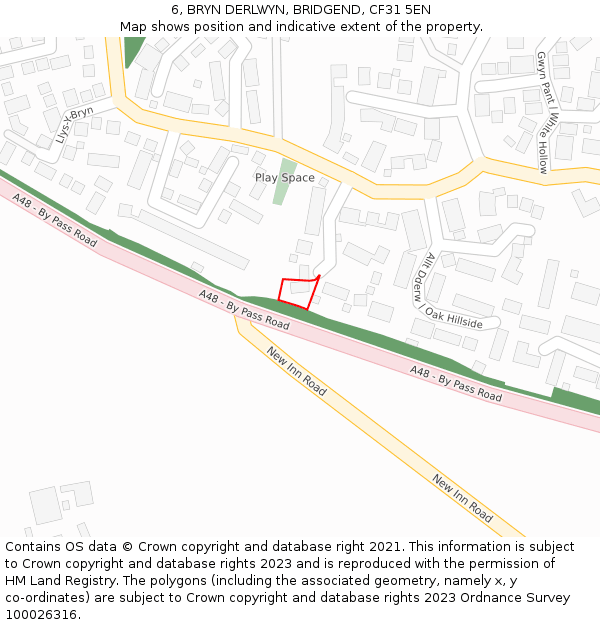 6, BRYN DERLWYN, BRIDGEND, CF31 5EN: Location map and indicative extent of plot