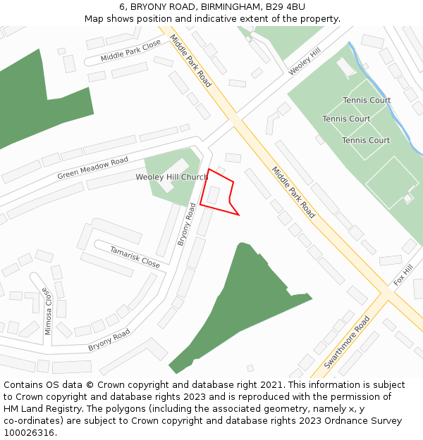 6, BRYONY ROAD, BIRMINGHAM, B29 4BU: Location map and indicative extent of plot