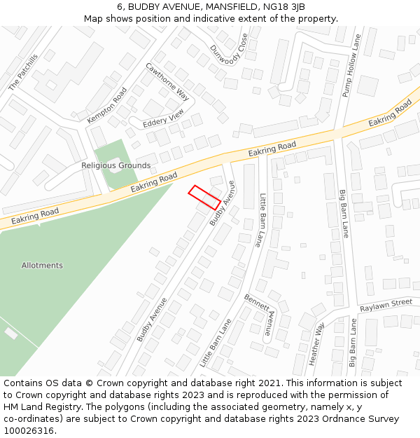 6, BUDBY AVENUE, MANSFIELD, NG18 3JB: Location map and indicative extent of plot