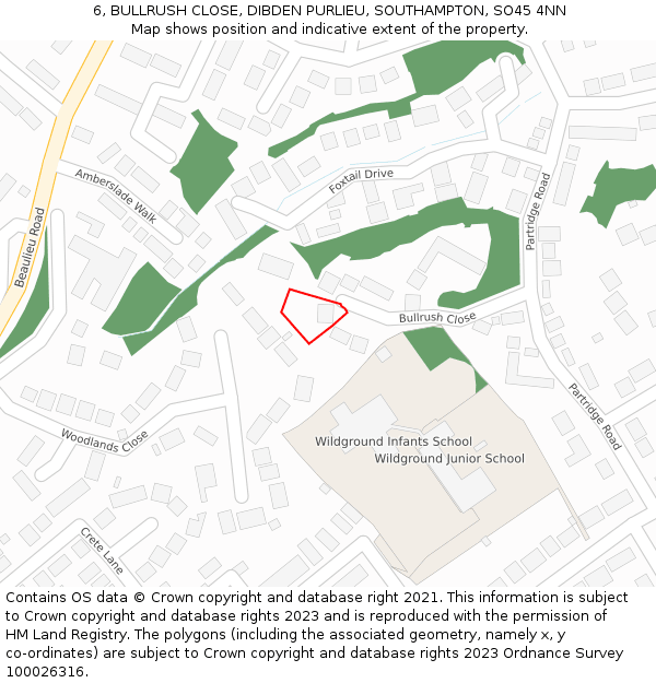 6, BULLRUSH CLOSE, DIBDEN PURLIEU, SOUTHAMPTON, SO45 4NN: Location map and indicative extent of plot
