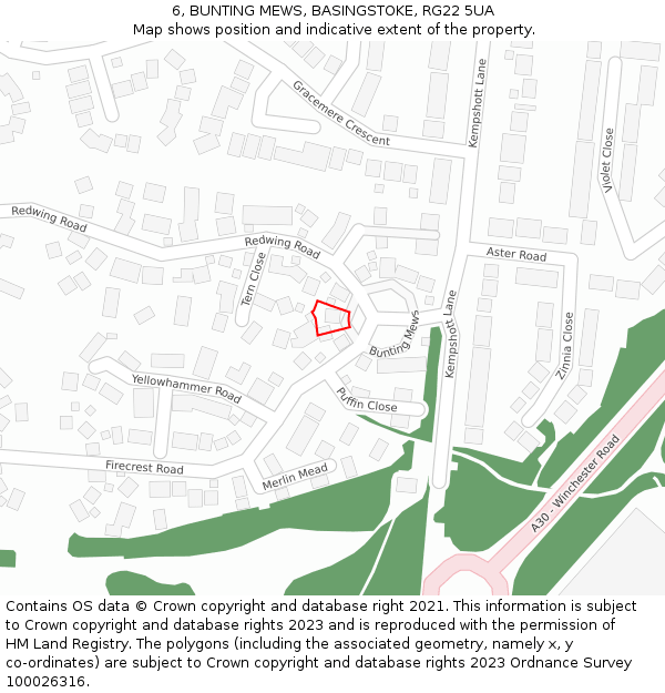 6, BUNTING MEWS, BASINGSTOKE, RG22 5UA: Location map and indicative extent of plot