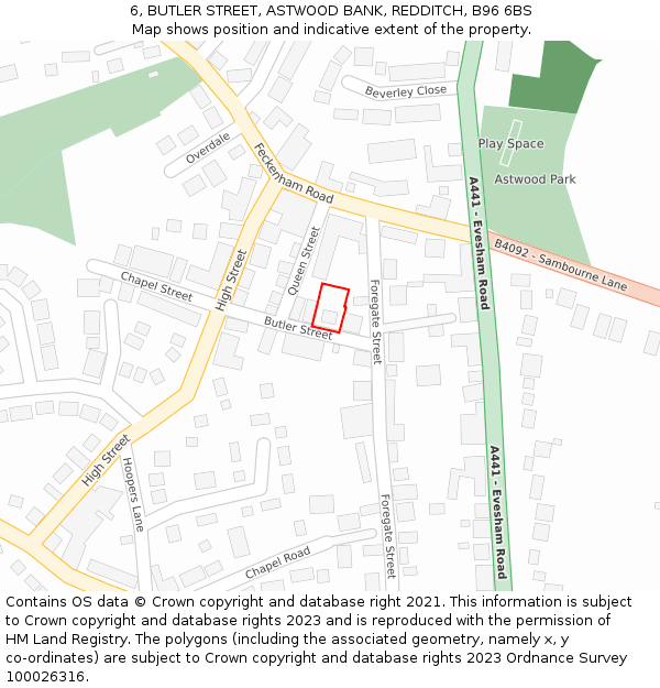 6, BUTLER STREET, ASTWOOD BANK, REDDITCH, B96 6BS: Location map and indicative extent of plot