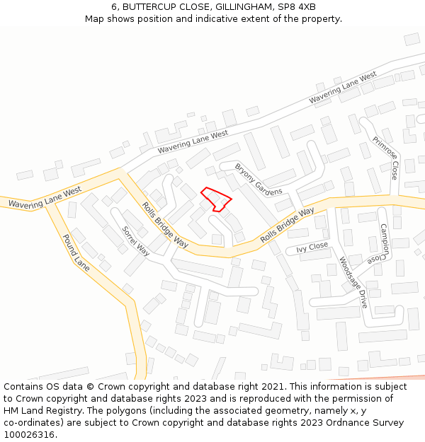 6, BUTTERCUP CLOSE, GILLINGHAM, SP8 4XB: Location map and indicative extent of plot