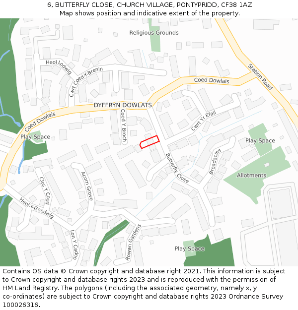6, BUTTERFLY CLOSE, CHURCH VILLAGE, PONTYPRIDD, CF38 1AZ: Location map and indicative extent of plot