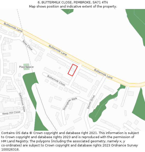 6, BUTTERMILK CLOSE, PEMBROKE, SA71 4TN: Location map and indicative extent of plot