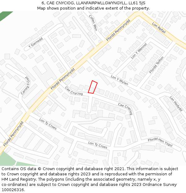 6, CAE CNYCIOG, LLANFAIRPWLLGWYNGYLL, LL61 5JS: Location map and indicative extent of plot