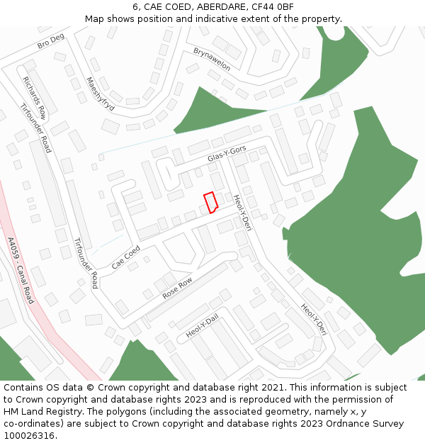 6, CAE COED, ABERDARE, CF44 0BF: Location map and indicative extent of plot