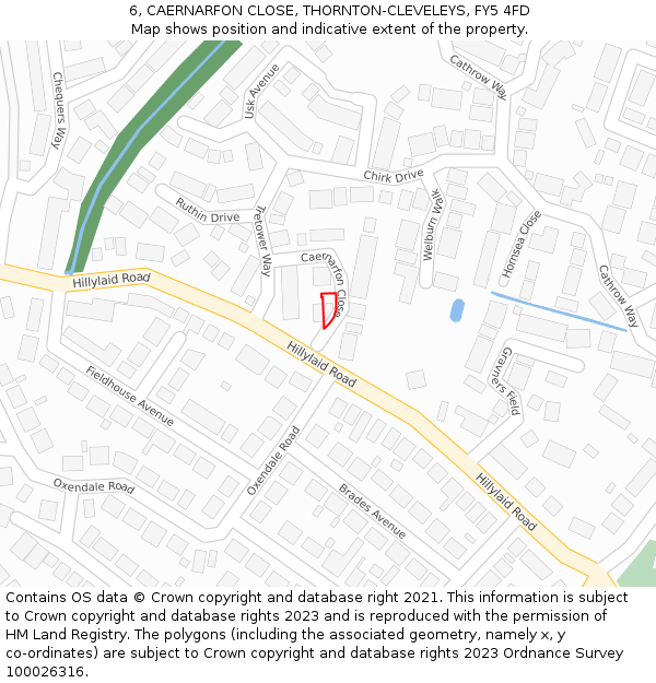 6, CAERNARFON CLOSE, THORNTON-CLEVELEYS, FY5 4FD: Location map and indicative extent of plot