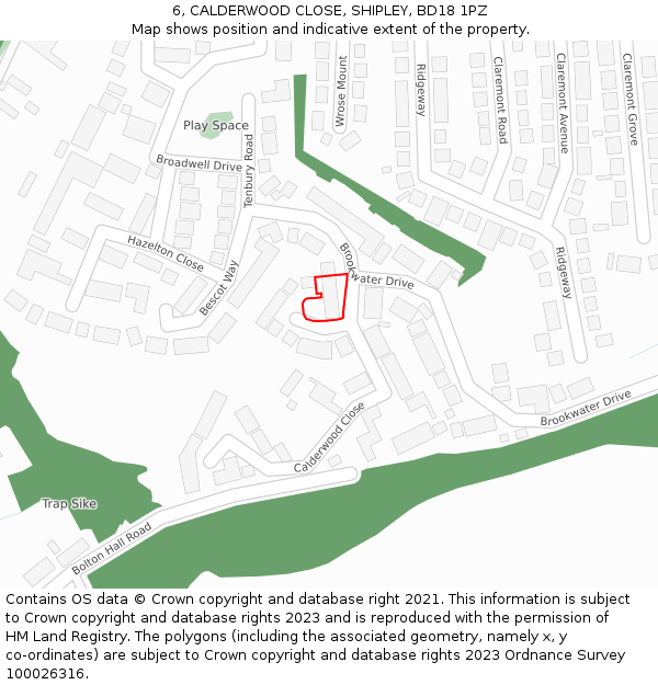6, CALDERWOOD CLOSE, SHIPLEY, BD18 1PZ: Location map and indicative extent of plot