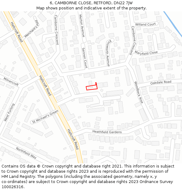 6, CAMBORNE CLOSE, RETFORD, DN22 7JW: Location map and indicative extent of plot