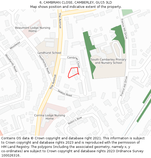 6, CAMBRIAN CLOSE, CAMBERLEY, GU15 3LD: Location map and indicative extent of plot