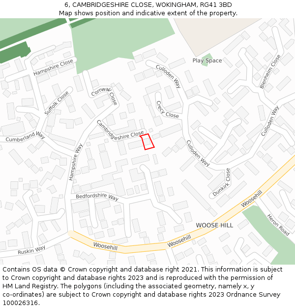 6, CAMBRIDGESHIRE CLOSE, WOKINGHAM, RG41 3BD: Location map and indicative extent of plot