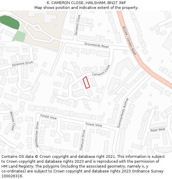 6, CAMERON CLOSE, HAILSHAM, BN27 3WF: Location map and indicative extent of plot