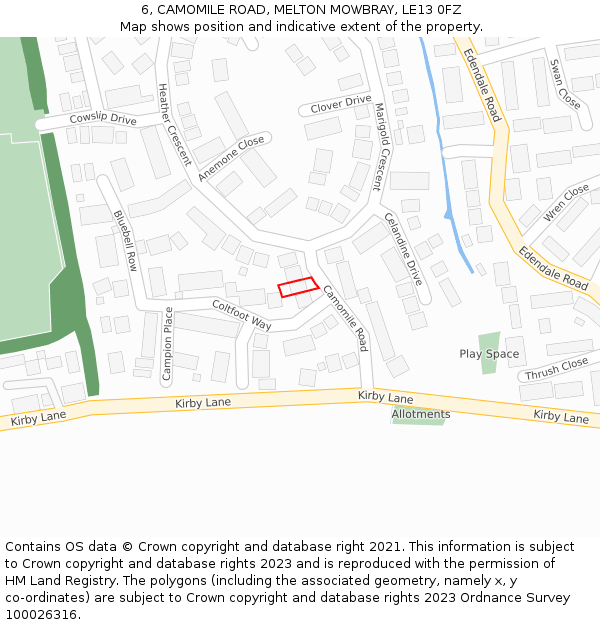 6, CAMOMILE ROAD, MELTON MOWBRAY, LE13 0FZ: Location map and indicative extent of plot