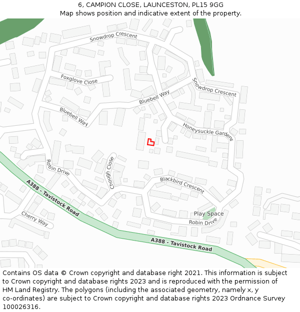 6, CAMPION CLOSE, LAUNCESTON, PL15 9GG: Location map and indicative extent of plot
