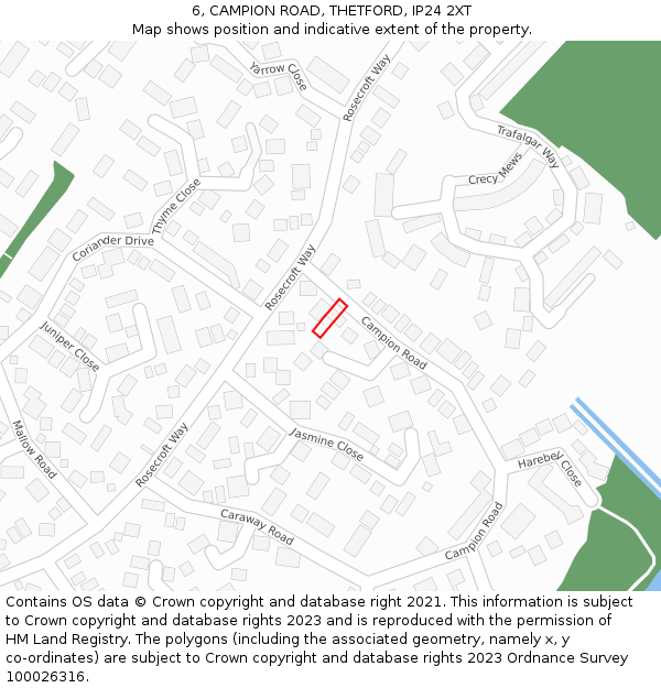 6, CAMPION ROAD, THETFORD, IP24 2XT: Location map and indicative extent of plot