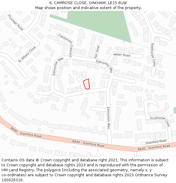 6, CAMROSE CLOSE, OAKHAM, LE15 6UW: Location map and indicative extent of plot