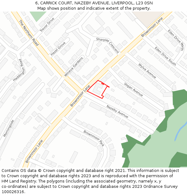 6, CARRICK COURT, NAZEBY AVENUE, LIVERPOOL, L23 0SN: Location map and indicative extent of plot