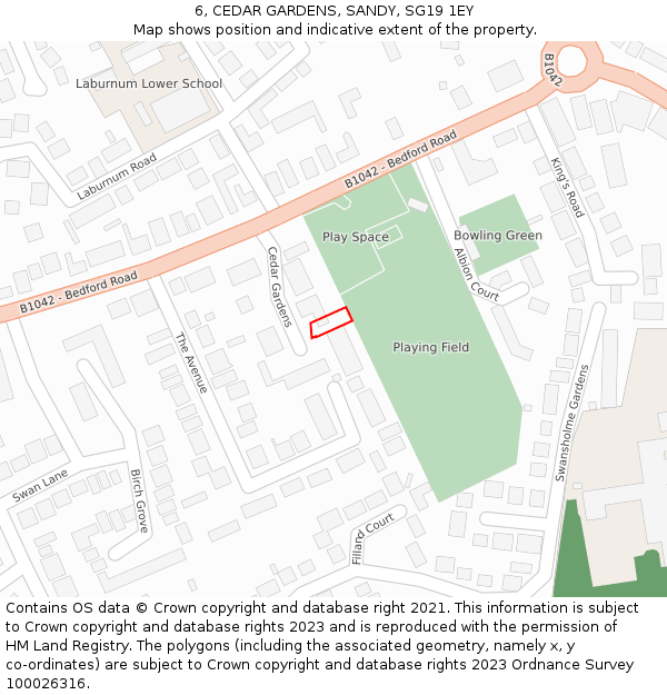 6, CEDAR GARDENS, SANDY, SG19 1EY: Location map and indicative extent of plot