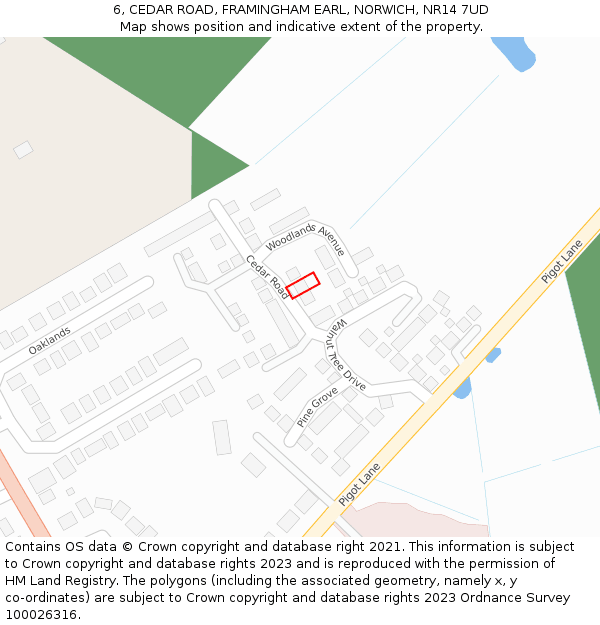 6, CEDAR ROAD, FRAMINGHAM EARL, NORWICH, NR14 7UD: Location map and indicative extent of plot