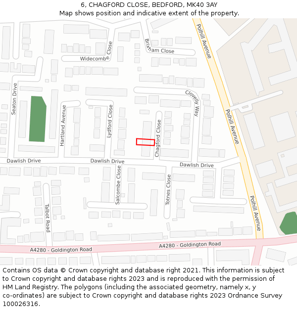 6, CHAGFORD CLOSE, BEDFORD, MK40 3AY: Location map and indicative extent of plot