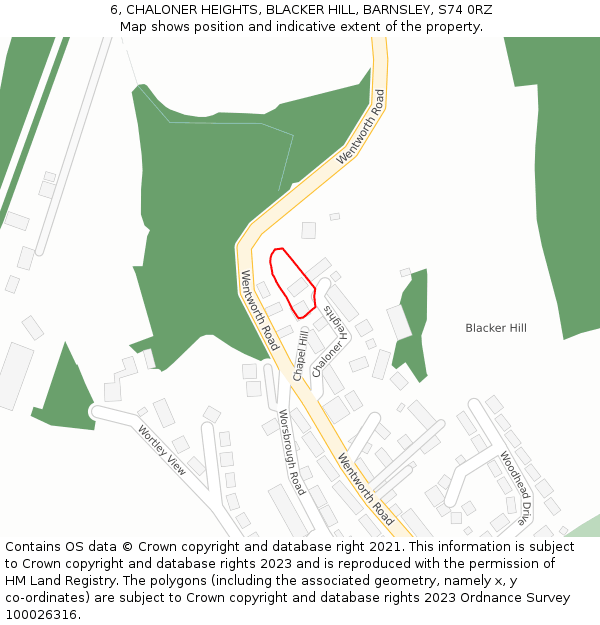 6, CHALONER HEIGHTS, BLACKER HILL, BARNSLEY, S74 0RZ: Location map and indicative extent of plot