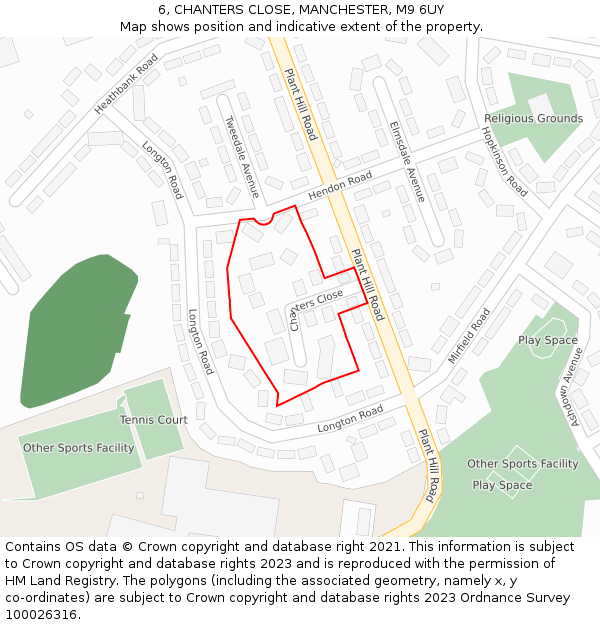 6, CHANTERS CLOSE, MANCHESTER, M9 6UY: Location map and indicative extent of plot