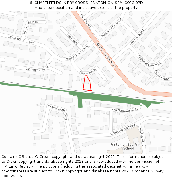 6, CHAPELFIELDS, KIRBY CROSS, FRINTON-ON-SEA, CO13 0RD: Location map and indicative extent of plot