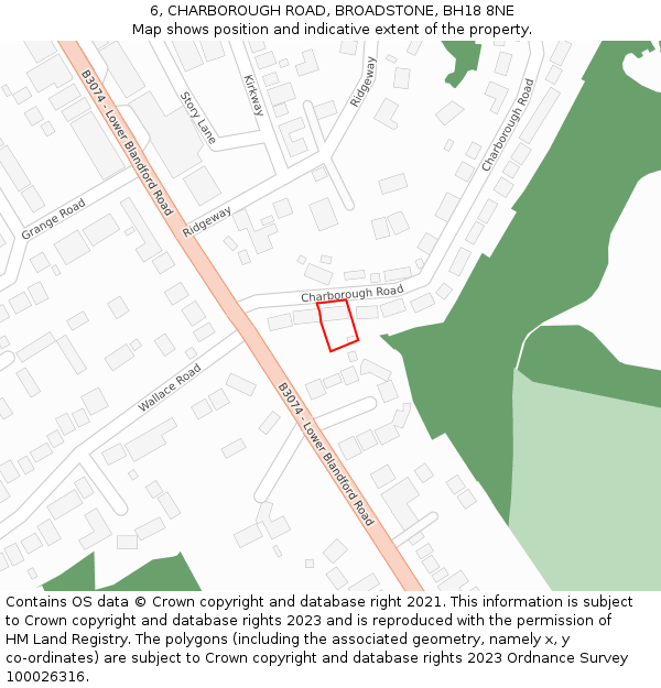 6, CHARBOROUGH ROAD, BROADSTONE, BH18 8NE: Location map and indicative extent of plot