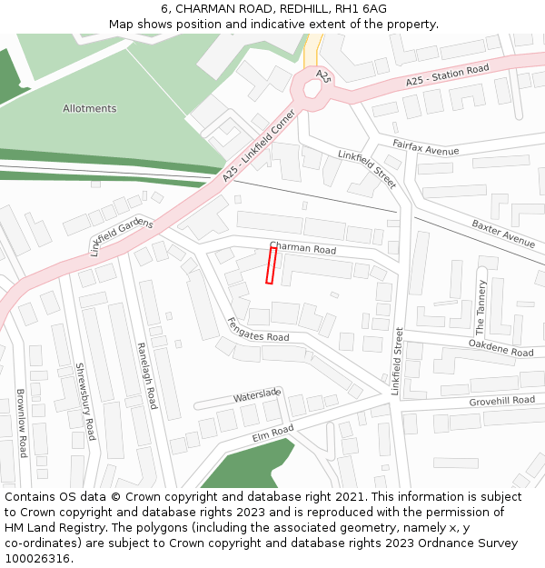 6, CHARMAN ROAD, REDHILL, RH1 6AG: Location map and indicative extent of plot