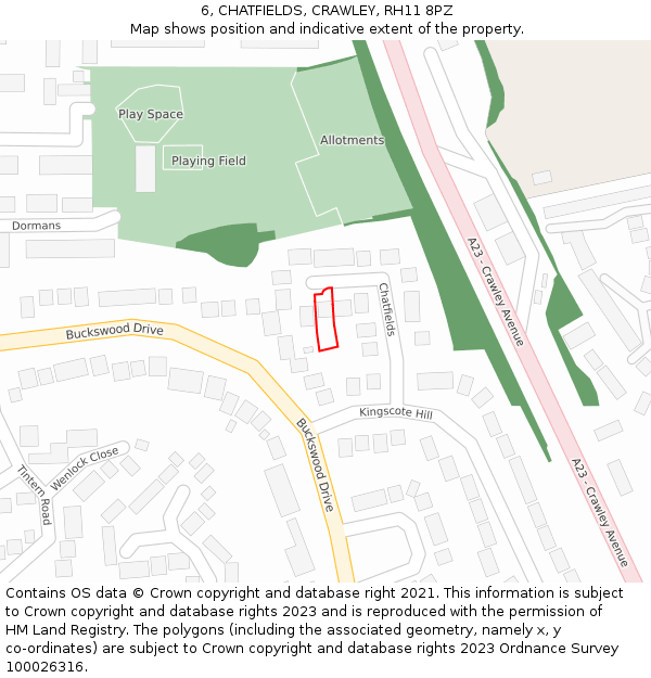 6, CHATFIELDS, CRAWLEY, RH11 8PZ: Location map and indicative extent of plot