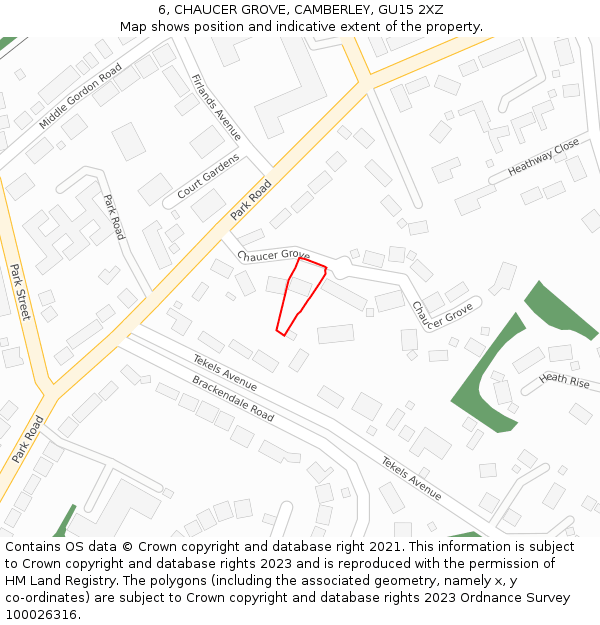 6, CHAUCER GROVE, CAMBERLEY, GU15 2XZ: Location map and indicative extent of plot