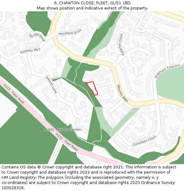 6, CHAWTON CLOSE, FLEET, GU51 1BD: Location map and indicative extent of plot