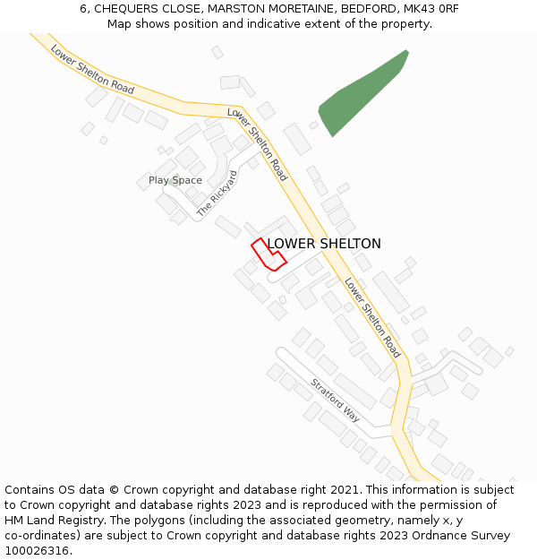 6, CHEQUERS CLOSE, MARSTON MORETAINE, BEDFORD, MK43 0RF: Location map and indicative extent of plot