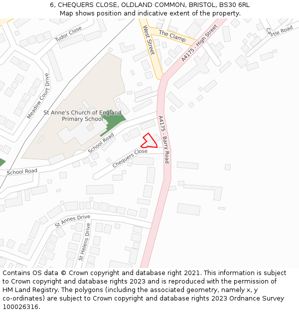 6, CHEQUERS CLOSE, OLDLAND COMMON, BRISTOL, BS30 6RL: Location map and indicative extent of plot