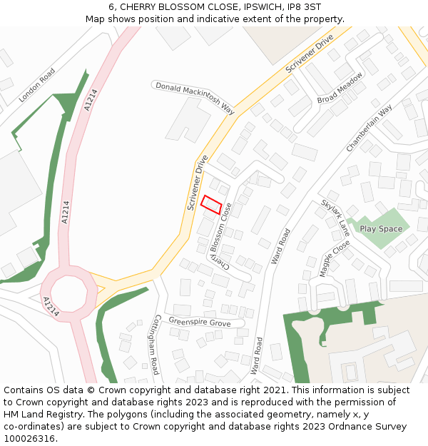 6, CHERRY BLOSSOM CLOSE, IPSWICH, IP8 3ST: Location map and indicative extent of plot