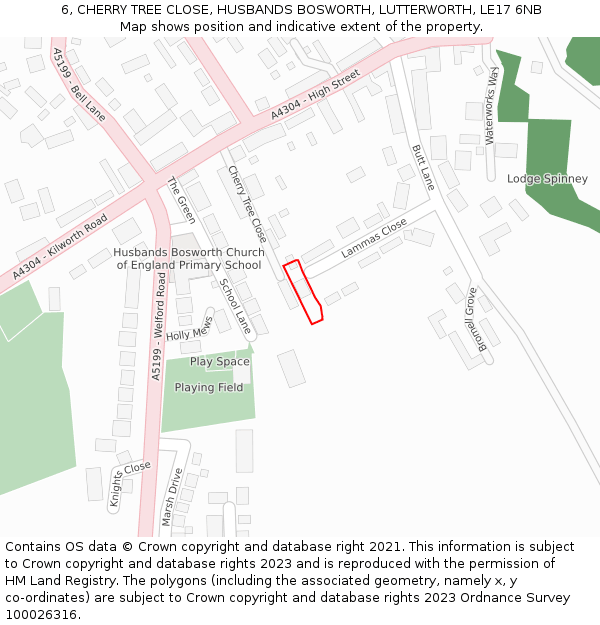 6, CHERRY TREE CLOSE, HUSBANDS BOSWORTH, LUTTERWORTH, LE17 6NB: Location map and indicative extent of plot