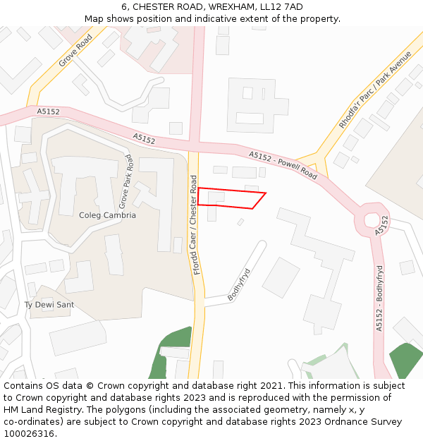 6, CHESTER ROAD, WREXHAM, LL12 7AD: Location map and indicative extent of plot
