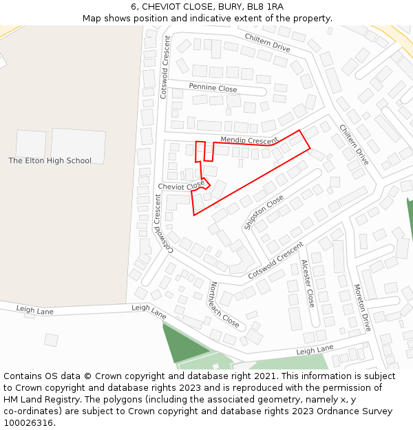 6, CHEVIOT CLOSE, BURY, BL8 1RA: Location map and indicative extent of plot