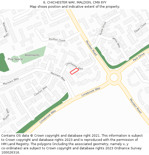 6, CHICHESTER WAY, MALDON, CM9 6YY: Location map and indicative extent of plot