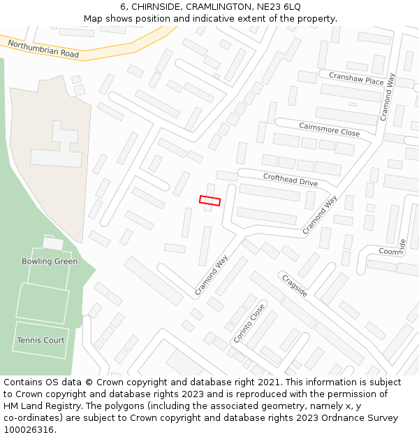 6, CHIRNSIDE, CRAMLINGTON, NE23 6LQ: Location map and indicative extent of plot