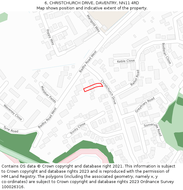 6, CHRISTCHURCH DRIVE, DAVENTRY, NN11 4RD: Location map and indicative extent of plot