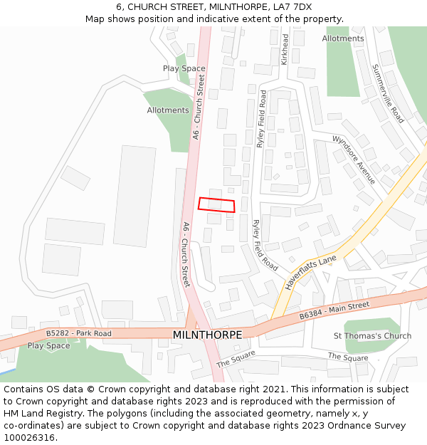 6, CHURCH STREET, MILNTHORPE, LA7 7DX: Location map and indicative extent of plot