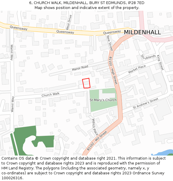 6, CHURCH WALK, MILDENHALL, BURY ST EDMUNDS, IP28 7ED: Location map and indicative extent of plot
