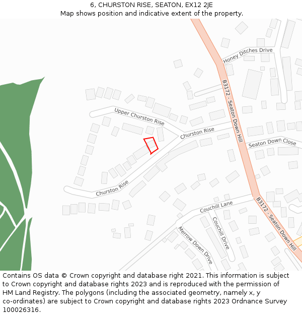 6, CHURSTON RISE, SEATON, EX12 2JE: Location map and indicative extent of plot