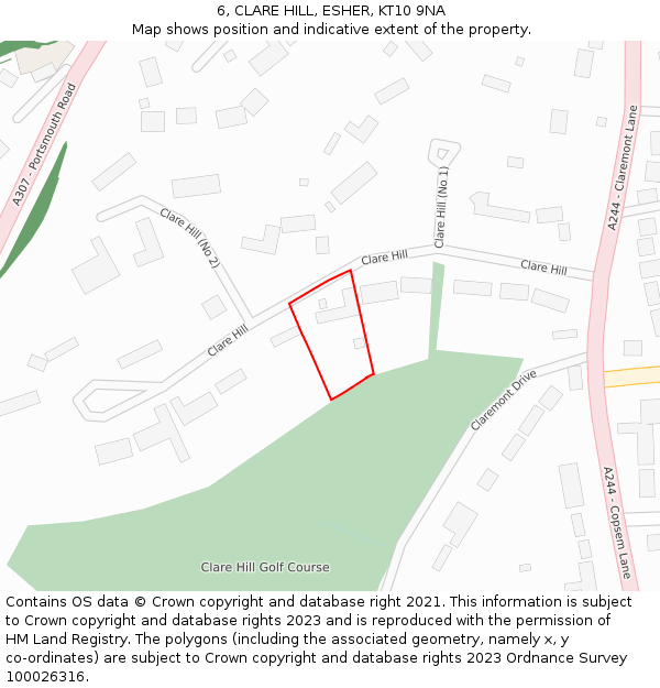 6, CLARE HILL, ESHER, KT10 9NA: Location map and indicative extent of plot