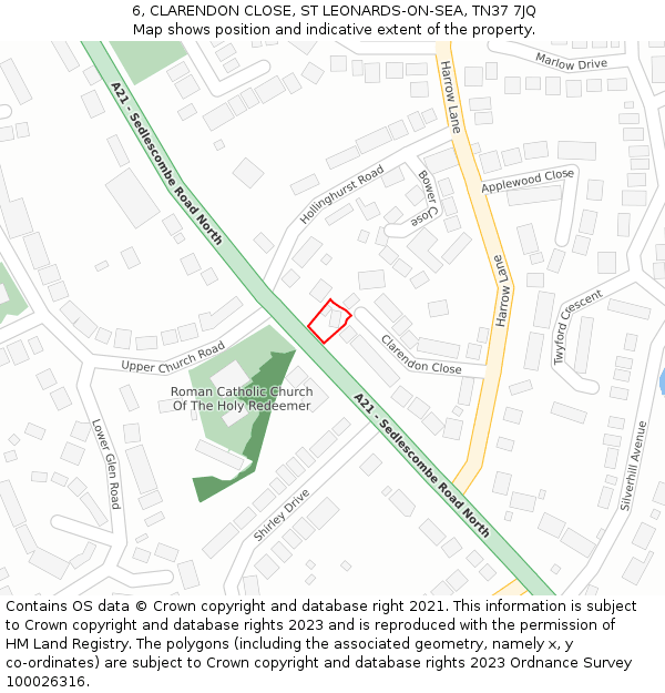 6, CLARENDON CLOSE, ST LEONARDS-ON-SEA, TN37 7JQ: Location map and indicative extent of plot