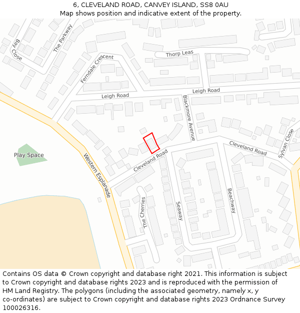 6, CLEVELAND ROAD, CANVEY ISLAND, SS8 0AU: Location map and indicative extent of plot