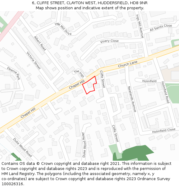 6, CLIFFE STREET, CLAYTON WEST, HUDDERSFIELD, HD8 9NR: Location map and indicative extent of plot