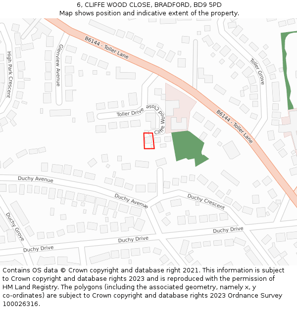 6, CLIFFE WOOD CLOSE, BRADFORD, BD9 5PD: Location map and indicative extent of plot